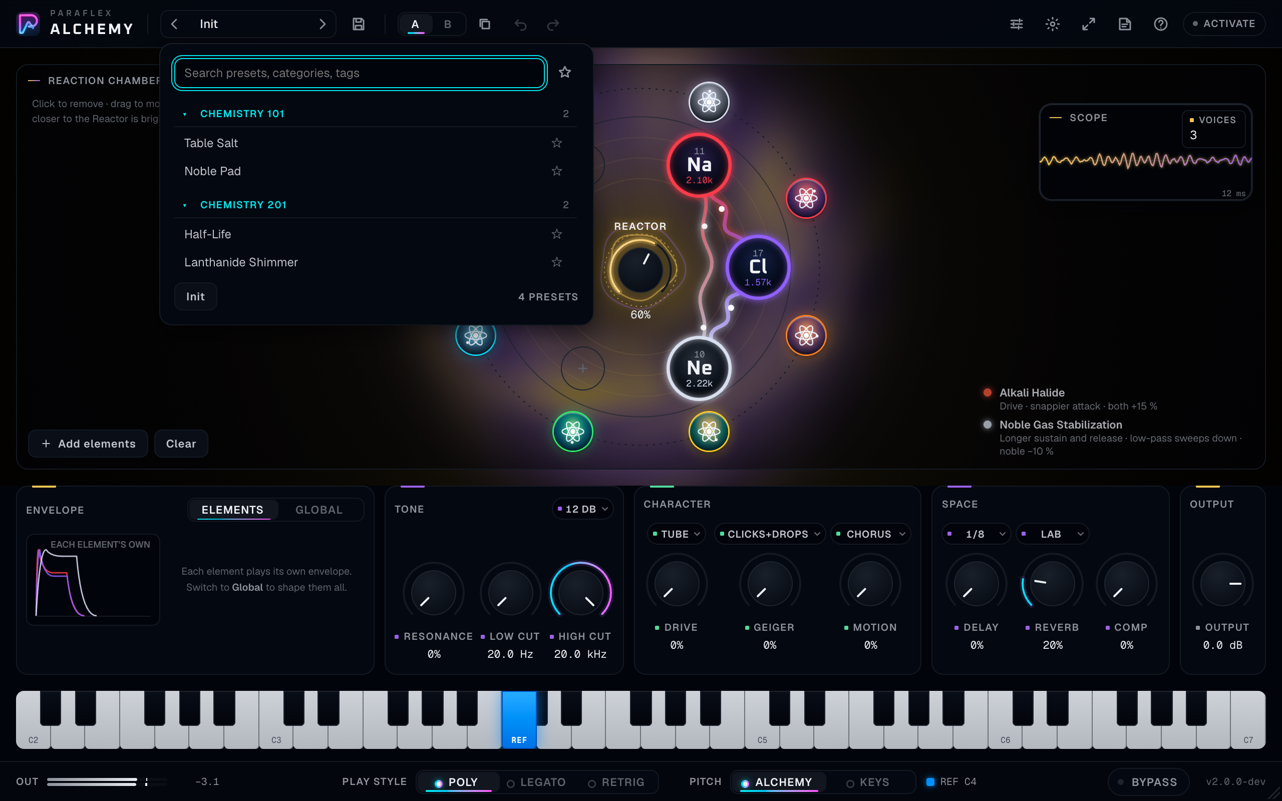 The browser open, search field focused, one category expanded, a factory preset and a user preset visible, star and the Init button in view.