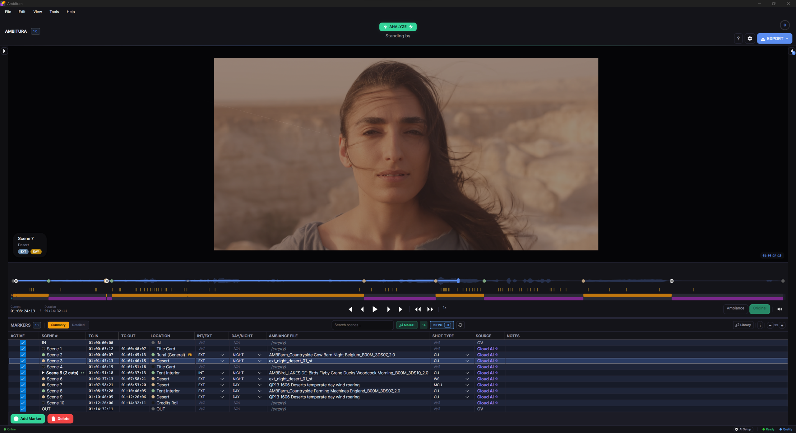 The Ambitura window: menus and Analyze across the top, the picture, the transport, and the marker grid with timecode, location, interior or exterior, day or night, the matched ambi