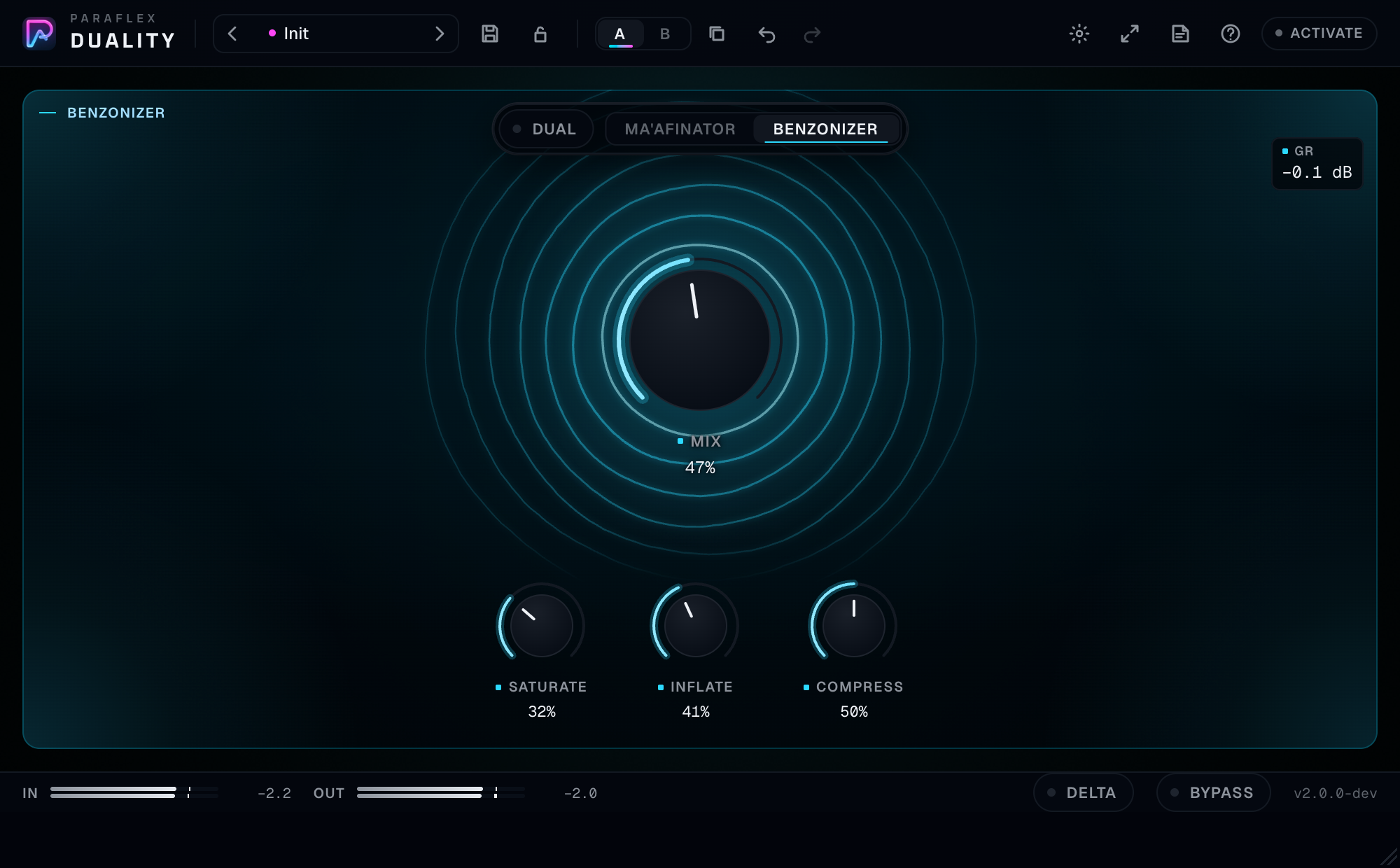 Benzonizer on its own. Saturate, Inflate, and Compress are open, and GR shows the compressor working.