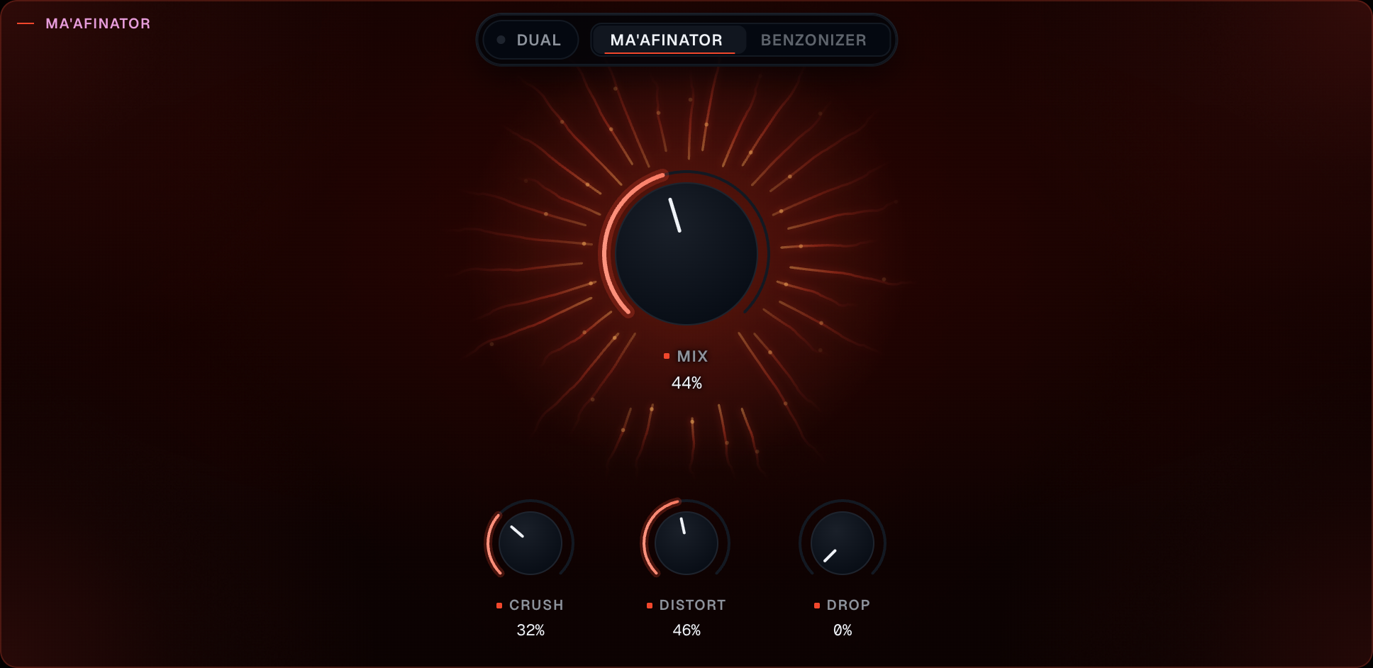 Ma'afinator filling the stage: large Mix knob, Crush, Distort, Drop, the drawing behind them responding to the audio.