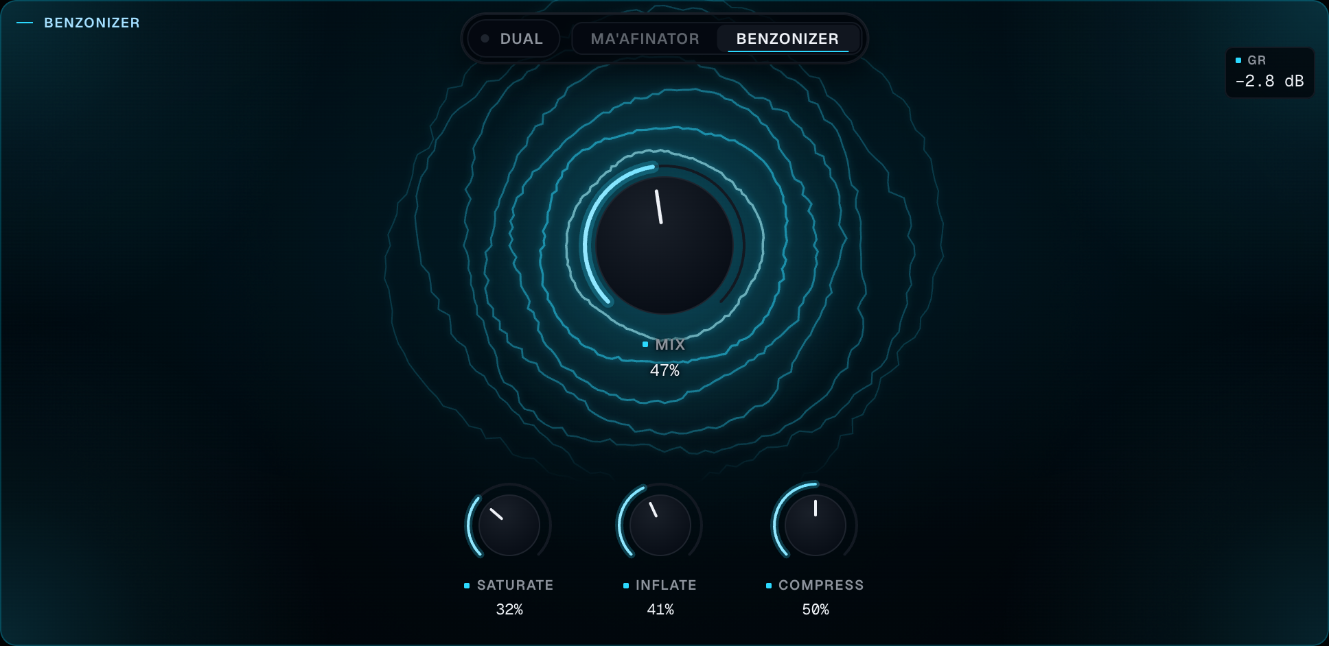 Benzonizer filling the stage: Mix, Saturate, Inflate, Compress, and the GR readout with a real gain-reduction number, not zero.