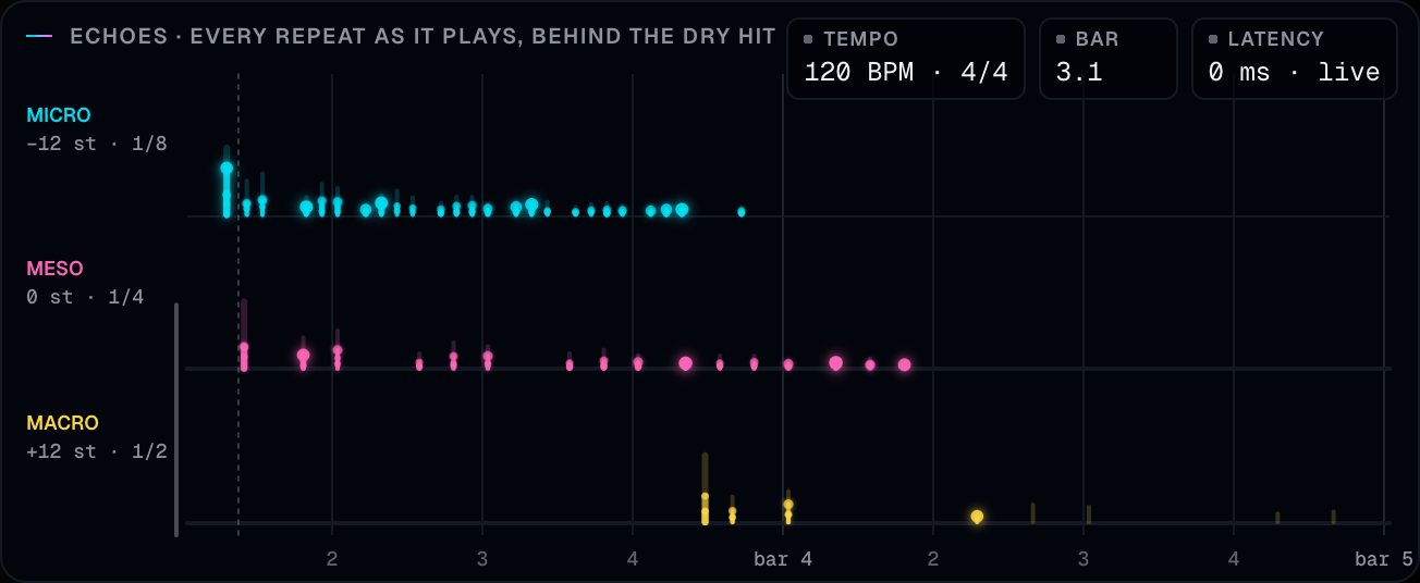 The echo display with the bar grid, three rows of repeats, Tempo, Bar, and Latency readouts, the transport playing.