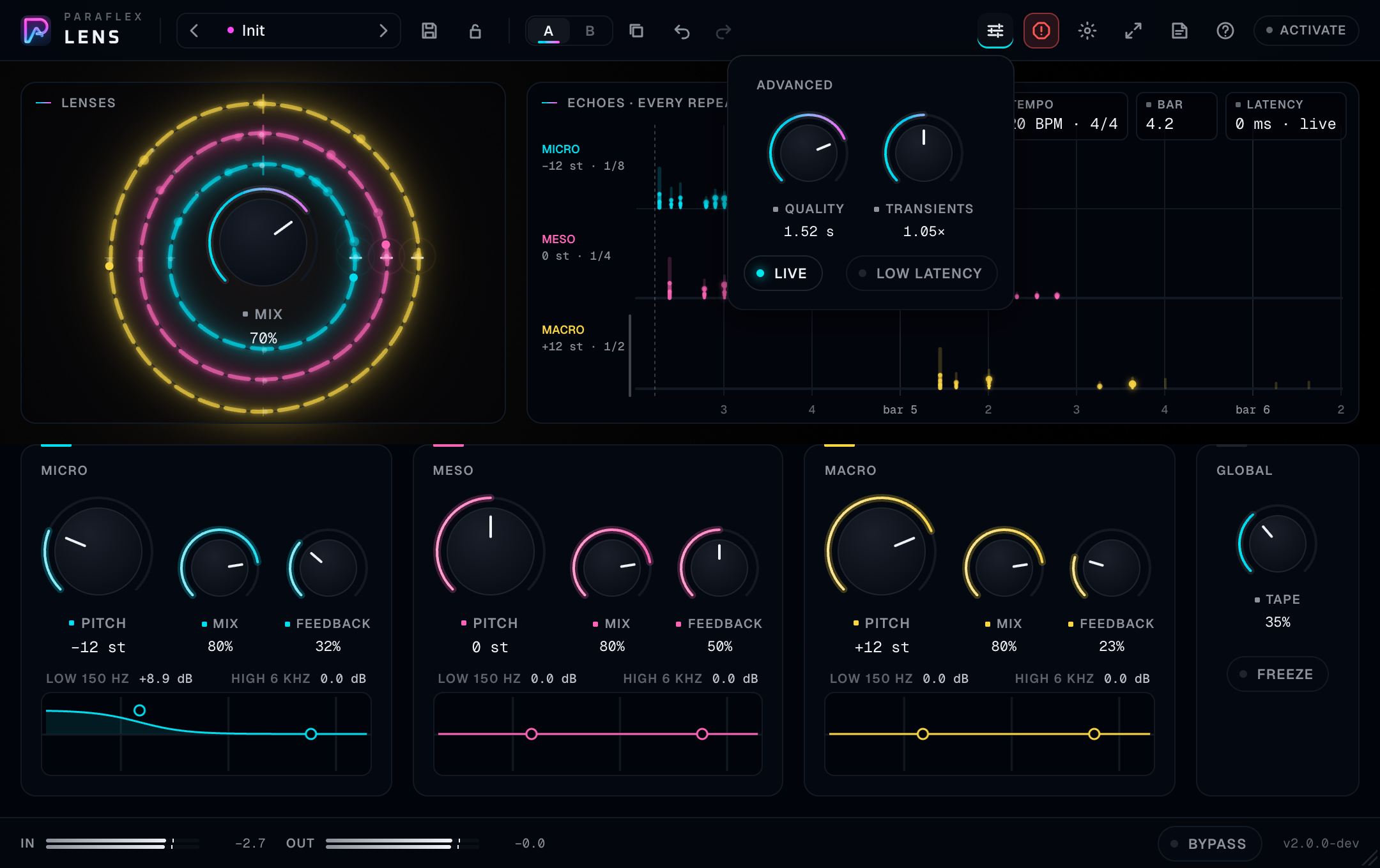 The Advanced menu open: Quality, Transients, the Live pill, and the Low latency pill. Show Quality dimmed in a second crop with Low latency on.